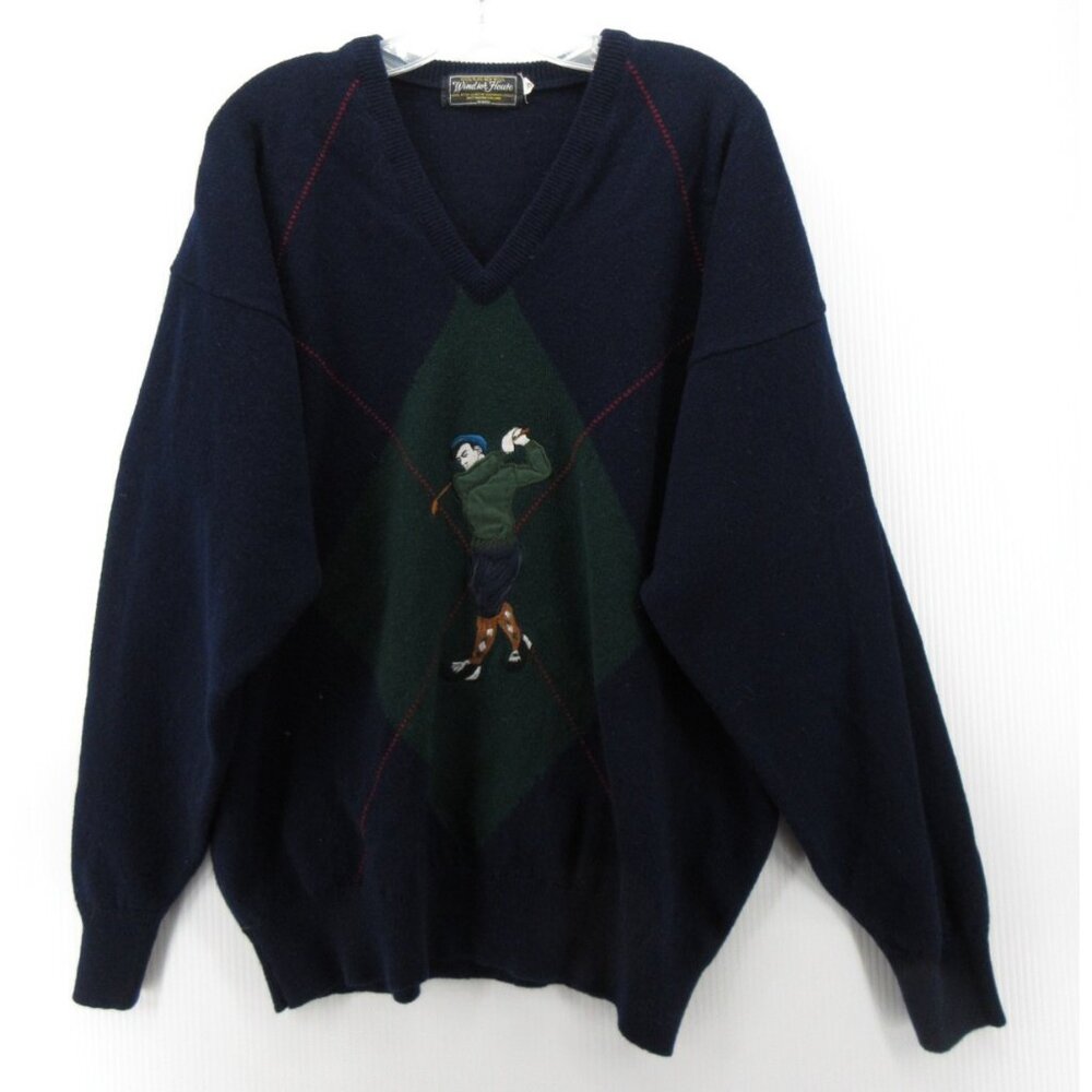 VINTAGE Windsor House Sweater XXL Wool Golf Golfer 80s 90s Embroidered